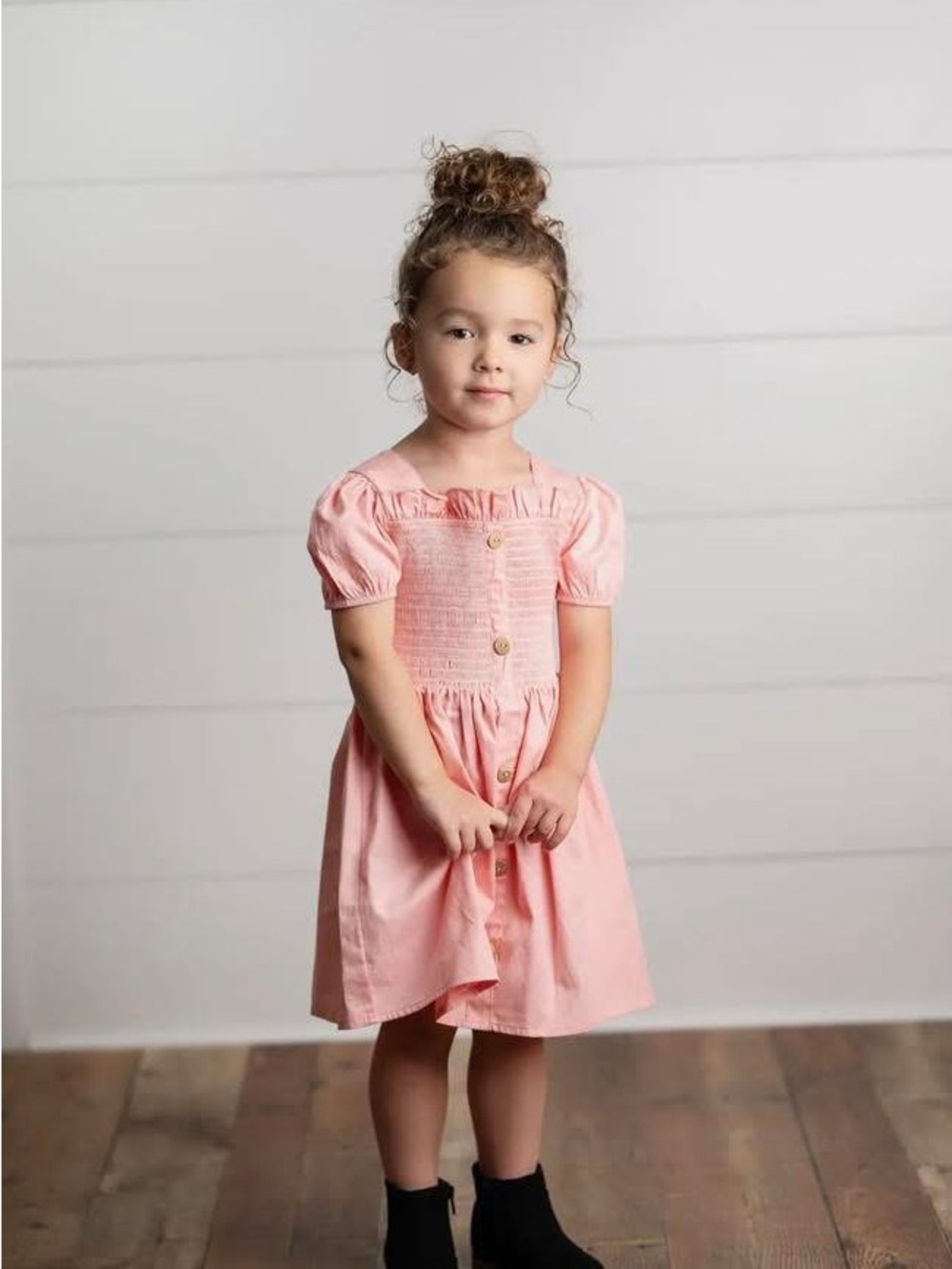 Girl’s Pink Smocked Puff-Sleeve Button Dress